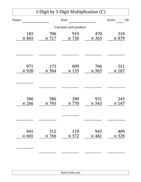 math multiplication worksheets 3 digits.